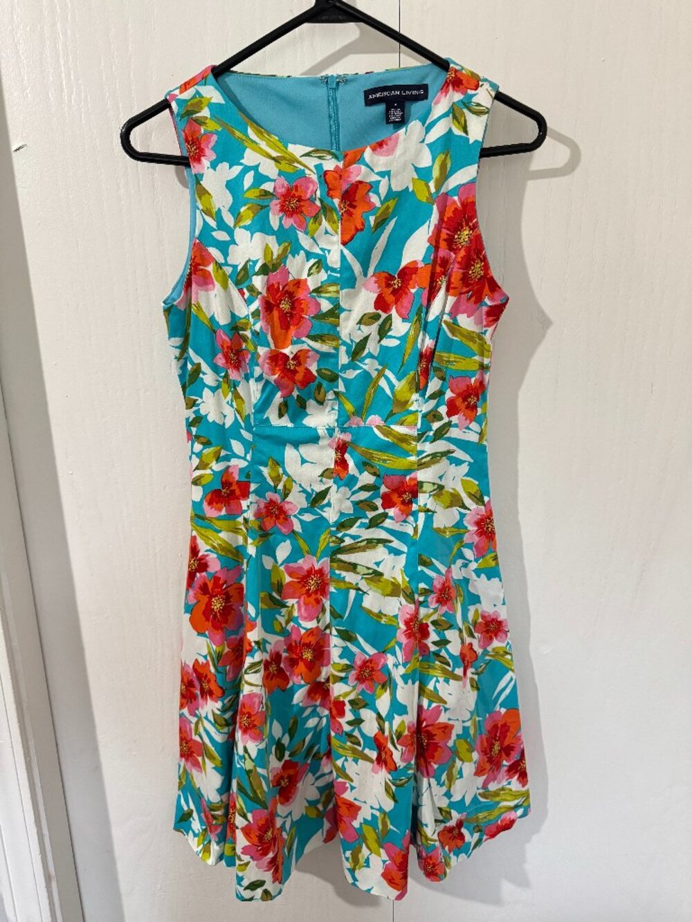 American Living Tropical Floral Fit & Flare Dress Sleeveless Teal Size 4